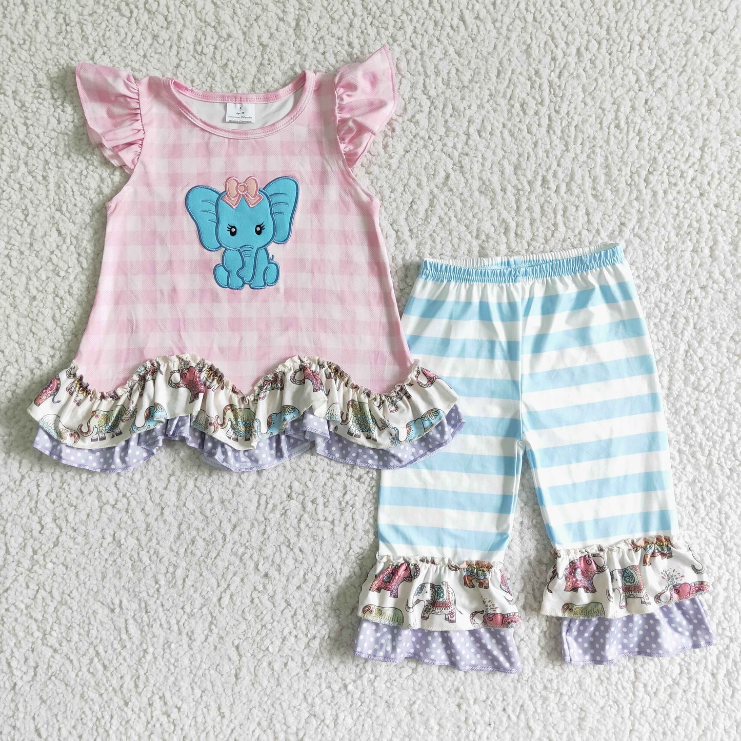 Pink Embroidery Elephant Ruffle Pants Girl Outfits