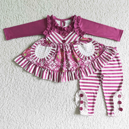 Fall Outfits Flower Purple with pockets Gilrs Set