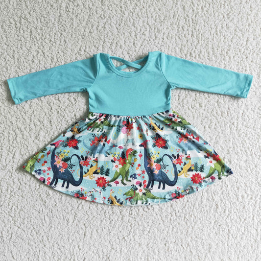 Blue Flower Dinosaur Girl Dress