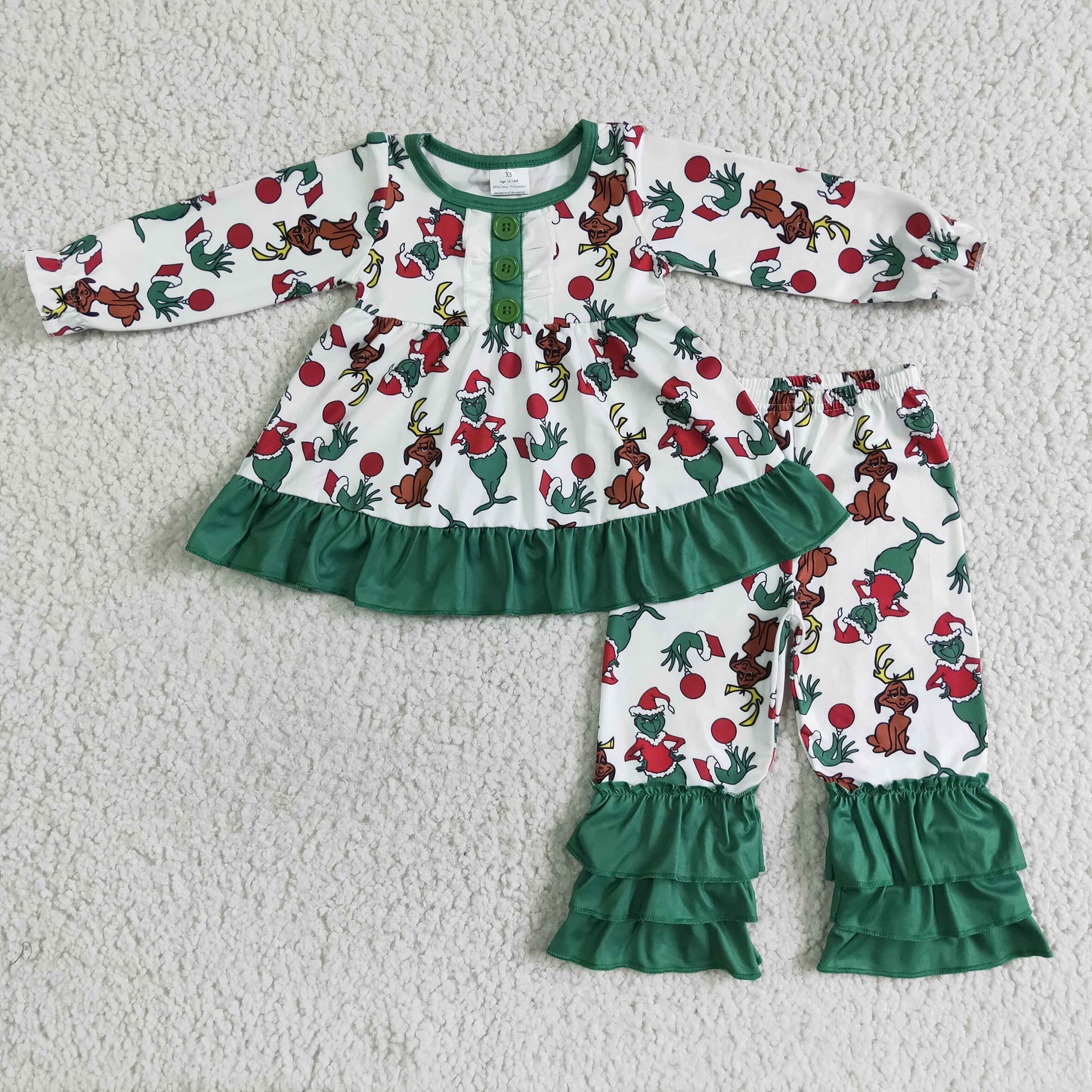 Christmas Green Cartoon Ruffle Pants Girls Outfits
