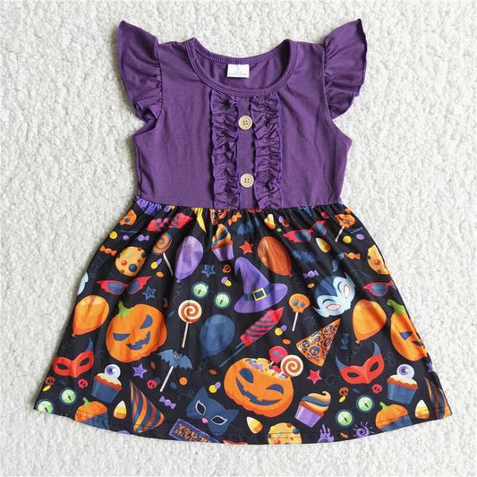Halloween Purple Cartoon Ruffle Girl Dress