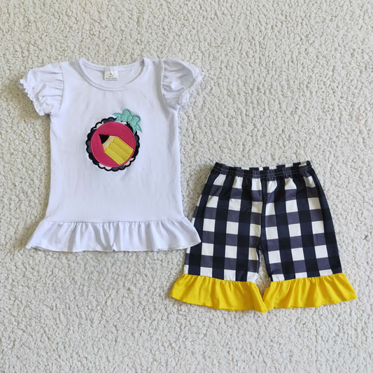 Back To School Pencil Plaid Shorts Embroidery Ruffle Set