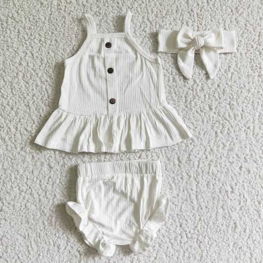 Solid 100% Cotton White Girl's Bummies Set