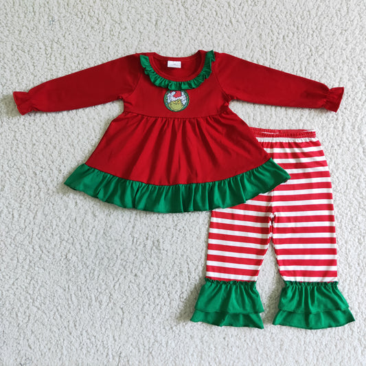 Christmas embroidery Green Red Cartoon Girls Outfits