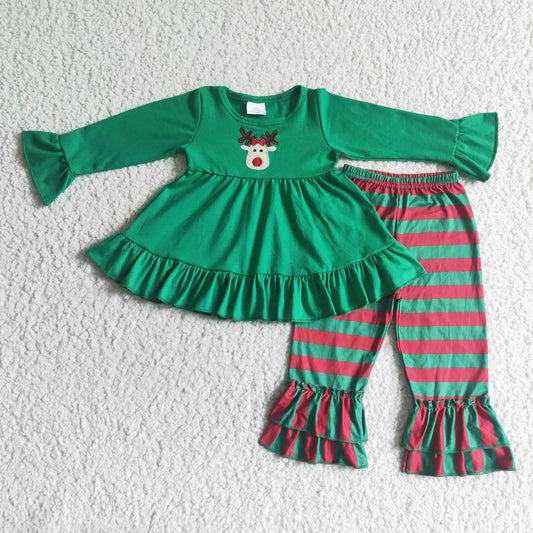 Christmas embroidery Deer Plaid Girls Set