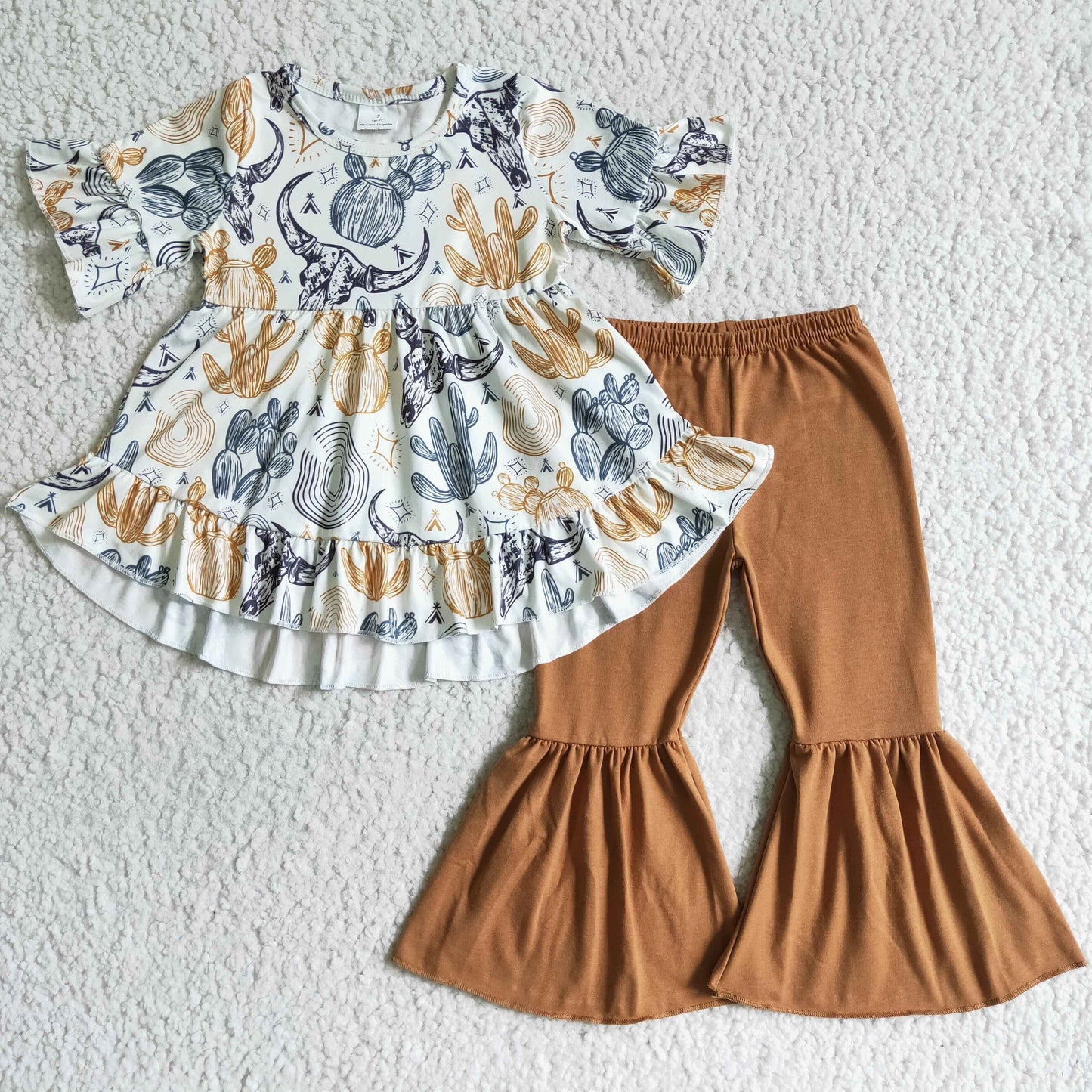 Solid Cactus Brown Ruffle Girls Outfits