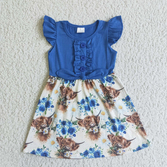 Blue Highland Cow Ruffle Girls Dress