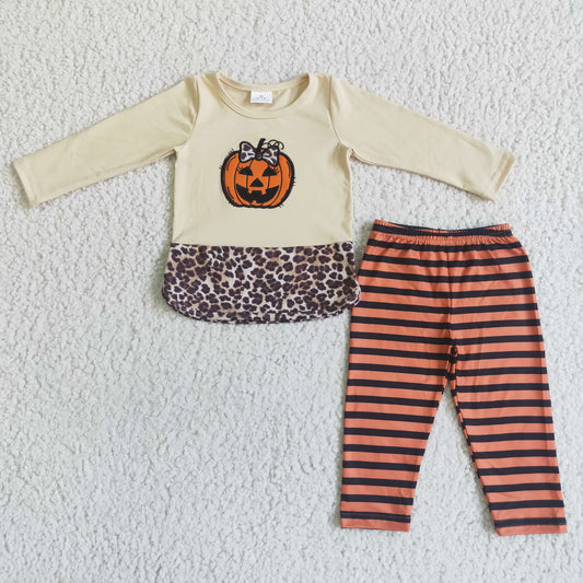 Halloween embroidery Leopard Stripes Girls Outfits