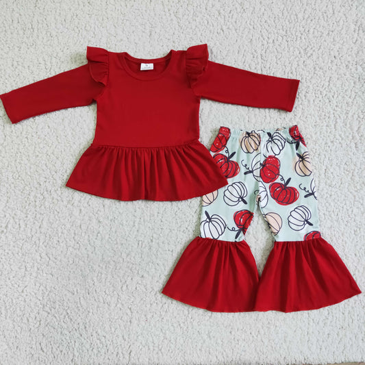 Fall Outfits Red Pumpkin Ruffle Girls Outfits
