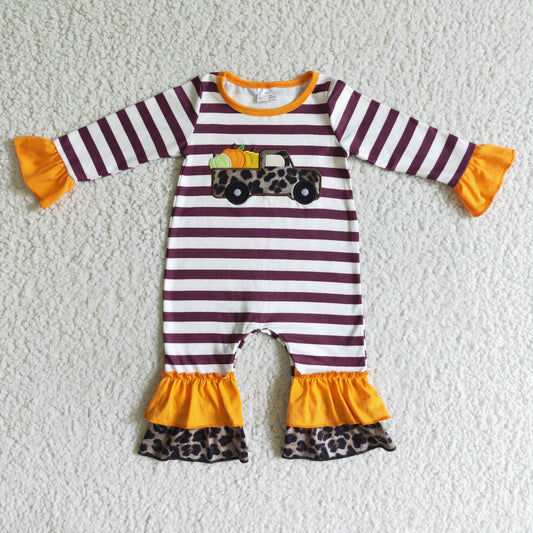 Halloween Embroidery Pumpkin Leopard Girls Romper