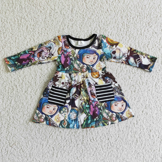 Blue Cartoon With Pocket Girls Dress