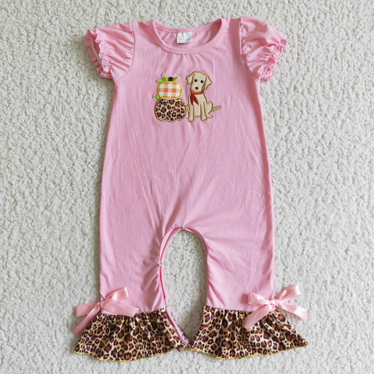 Halloween Pink Leopard Pumpkin Embroidery Romper