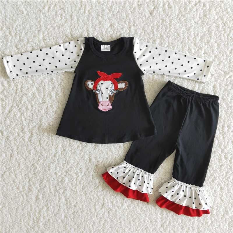 Fall Outfits Cow Embroidery Girls Set