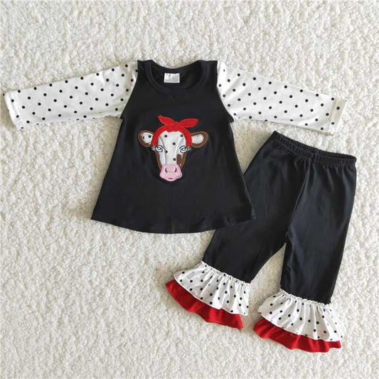 Fall Outfits Cow Embroidery Girls Set