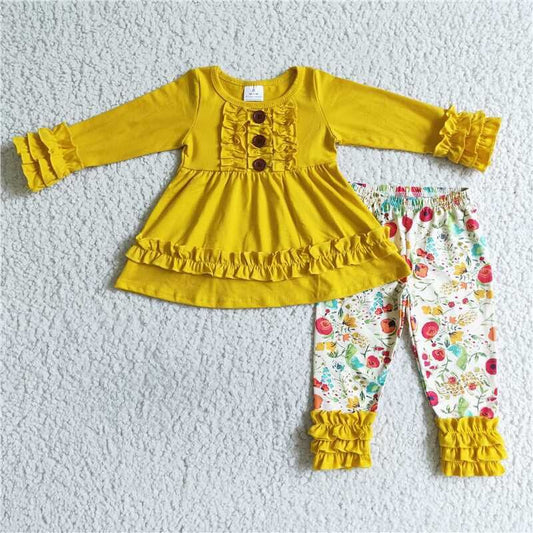 Fall Outfits Yellow Flowers Girls Set