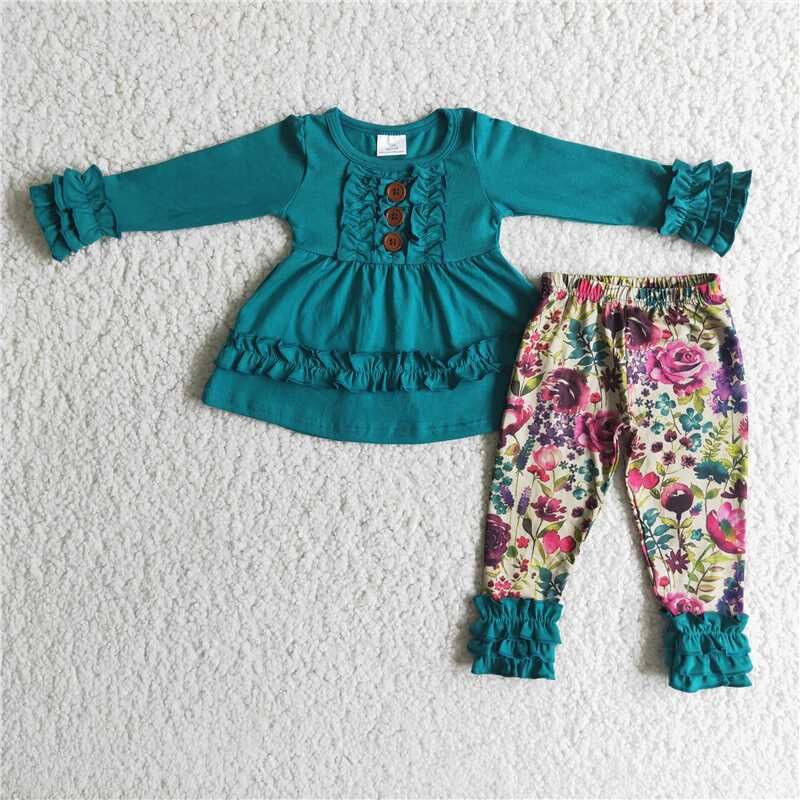 Fall Outfits Blue Flowers Girls Set