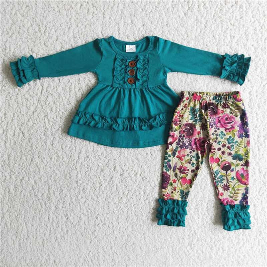 Fall Outfits Blue Flowers Girls Set