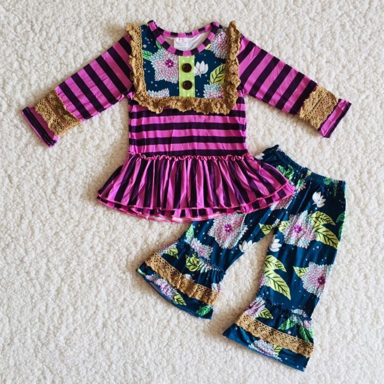 Fall Outfits Purple Flowers Ruffle Girls Set