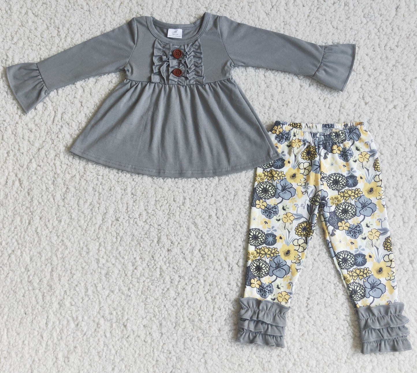Fall Outfits Grey Flowers Girls Set