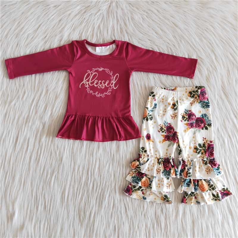 Fall Outfits Burgundy Flowers Girls Set