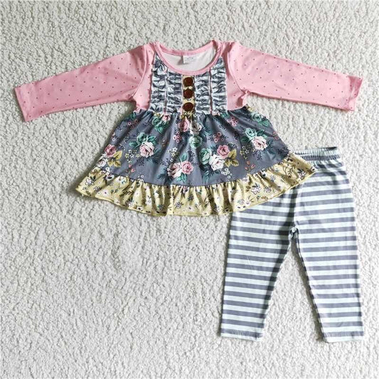 Fall Outfits Pink Striped Flowers Girls Set
