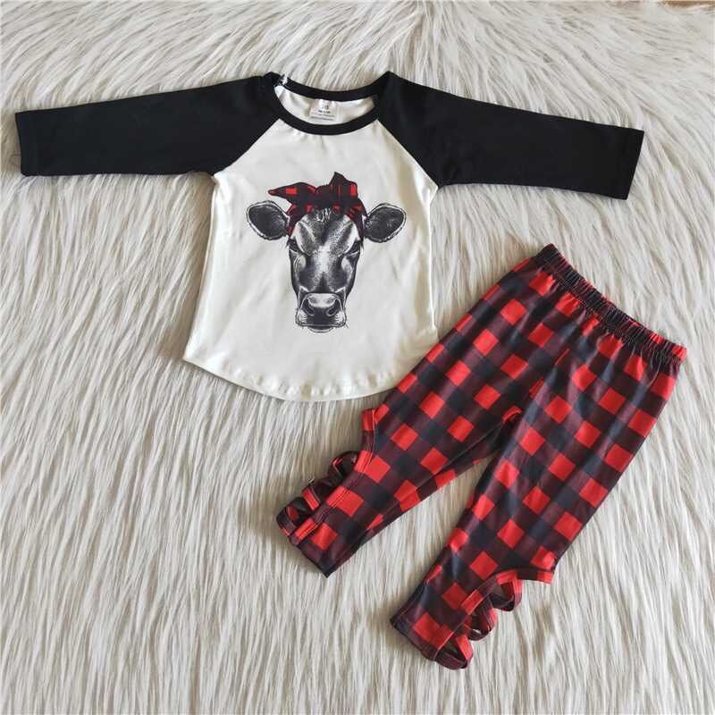 Fall Outfits Cow Red Black Plaid Pants Girls Set