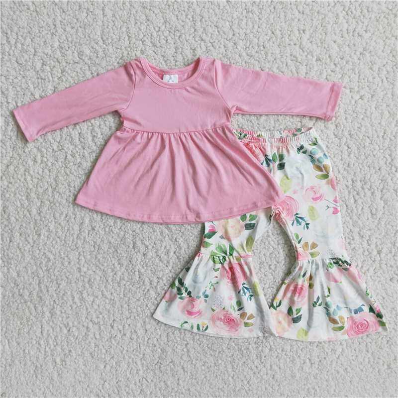 Fall Outfits Pink Flowers Bell Pants Girls Set
