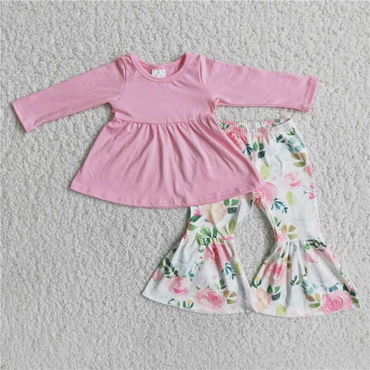 Fall Outfits Pink Flowers Bell Pants Girls Set