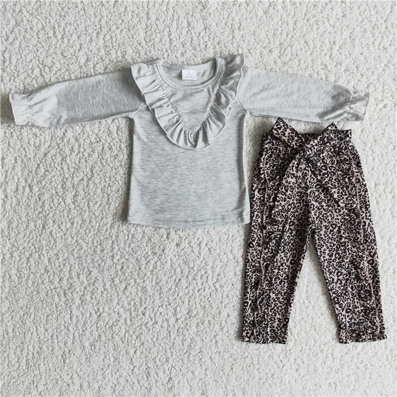 Fall Outfits Grey Ruffle Leopard Pants Girls Set