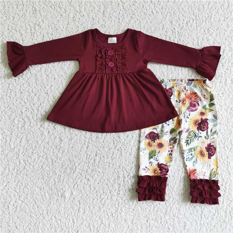 Fall Outfits Burgundy Flowers Girls Set