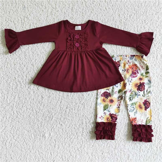 Fall Outfits Burgundy Flowers Girls Set