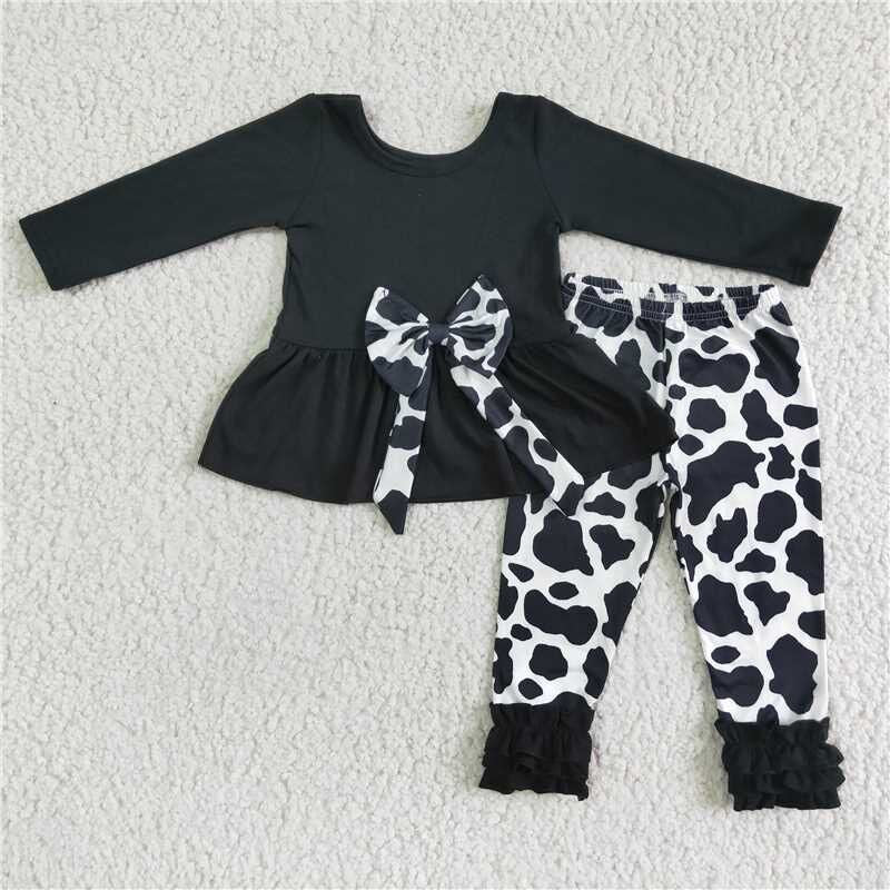 Fall Outfits Black Cow With Bow Pants Girls Set