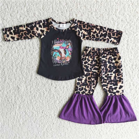 Fall Outfit Leopard Cow Pants Girls Set 6 A1-14