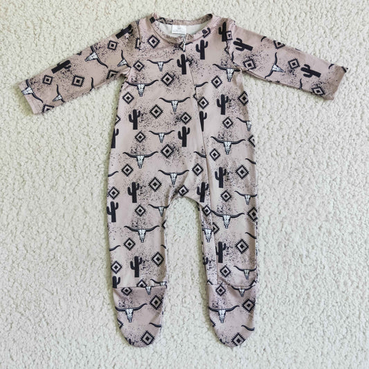 Western Cactus Cow Baby Romper With zipper