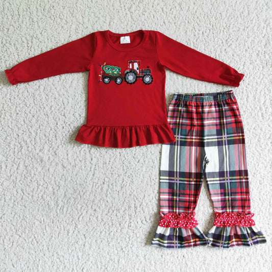 Red Christmas Embroidery Tree Car Girls Outfits