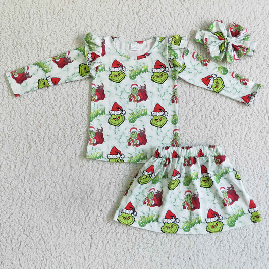 Christmas Green Cartoon +Skirt Girls Set