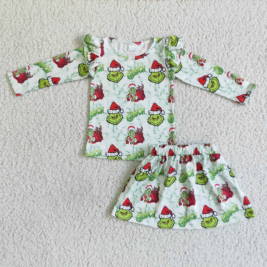 Christmas Green Cartoon +Skirt Girls Set