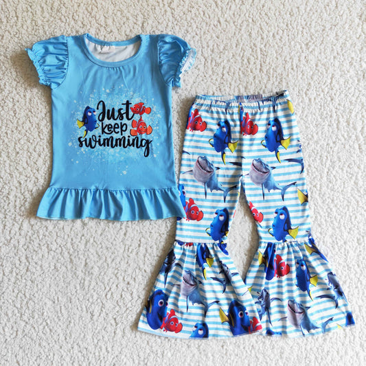 Blue Cartoon Ruffle Girls Outfits
