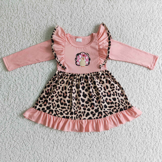Thanksgiving Turkey Embroidery Pink Girls Dress