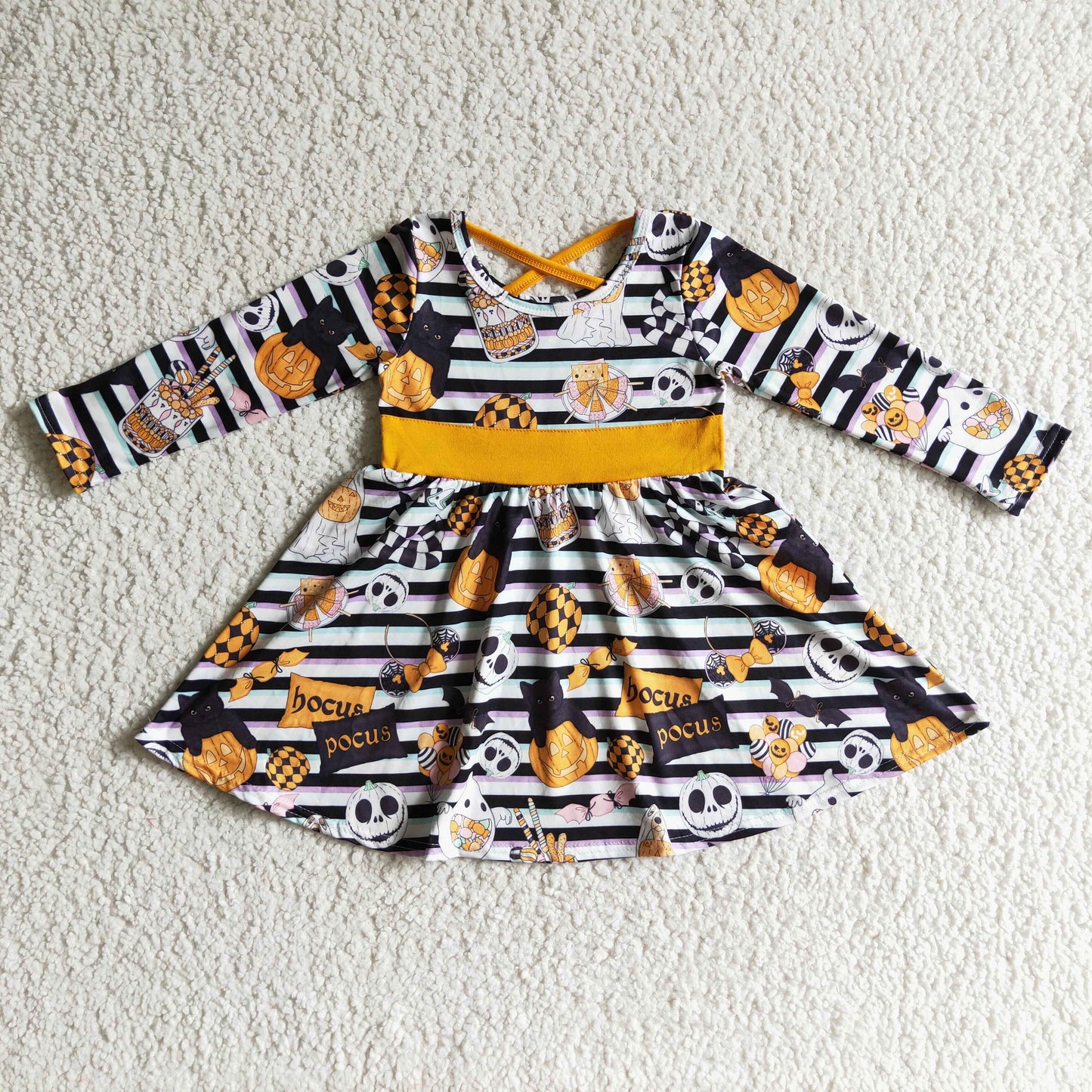Halloween Striped Pumpkin Cartoon Girls Dress