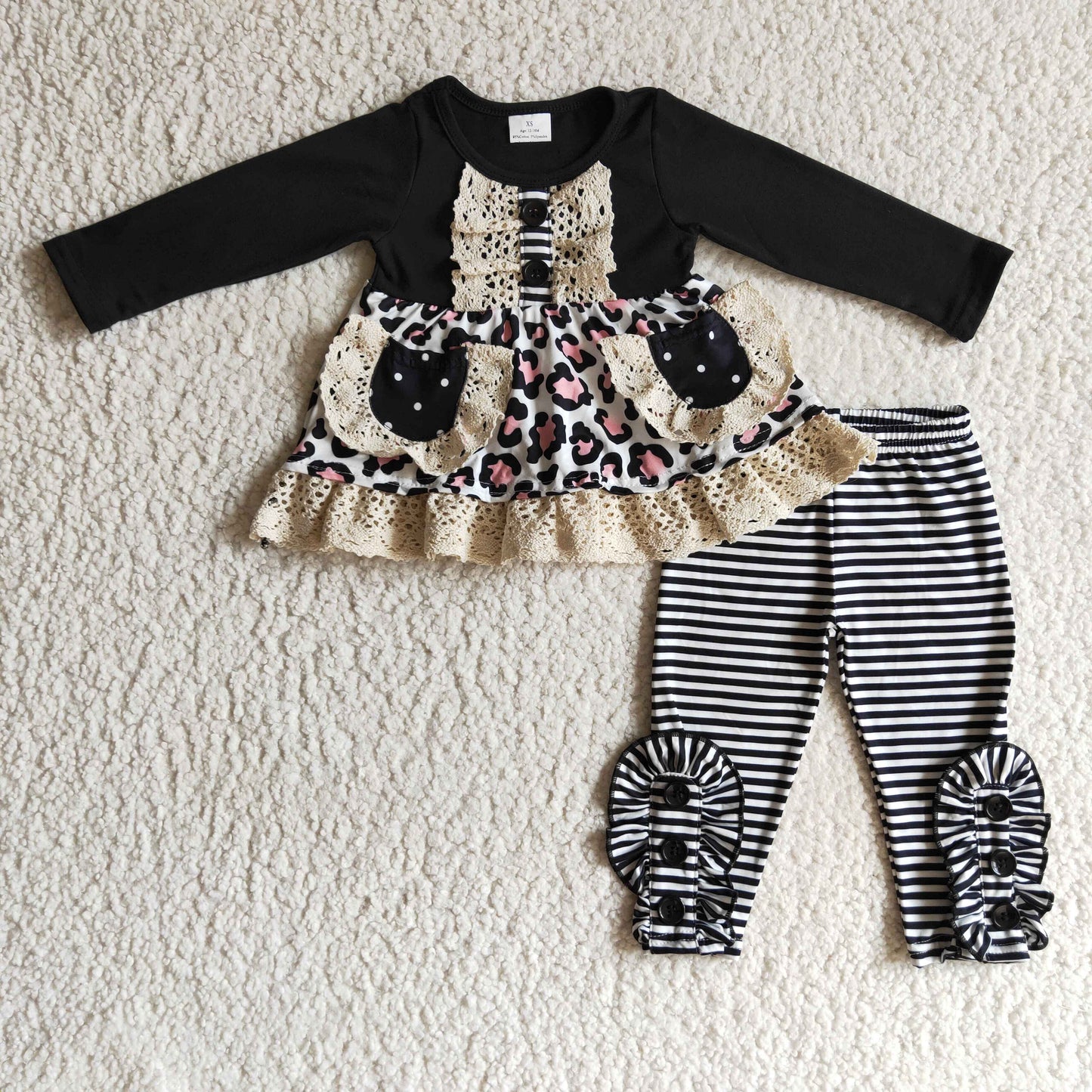 Black Lace Pocket Striped Pant Girls Set