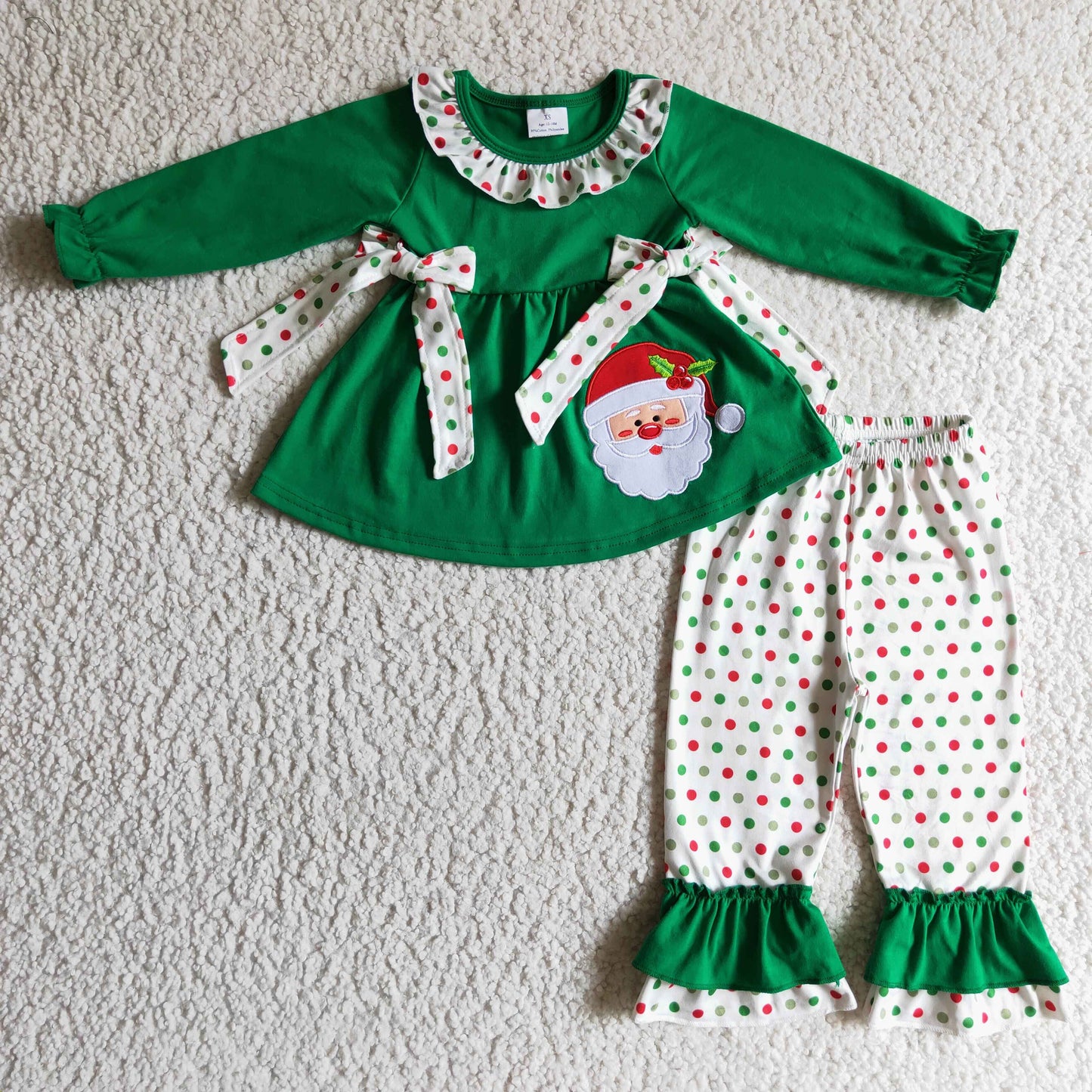 Christmas Embroidery Santa Green Girls Set