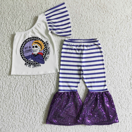 Halloween Purple Striped Bottom Sequins Girls Set