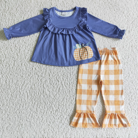 Pumpkin Plaid Long Sleeve Trousers Girls Set