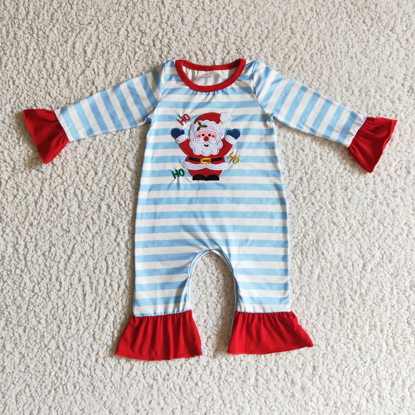 Christmas Blue Striped Embroidery Romper