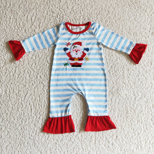 Christmas Blue Striped Embroidery Romper