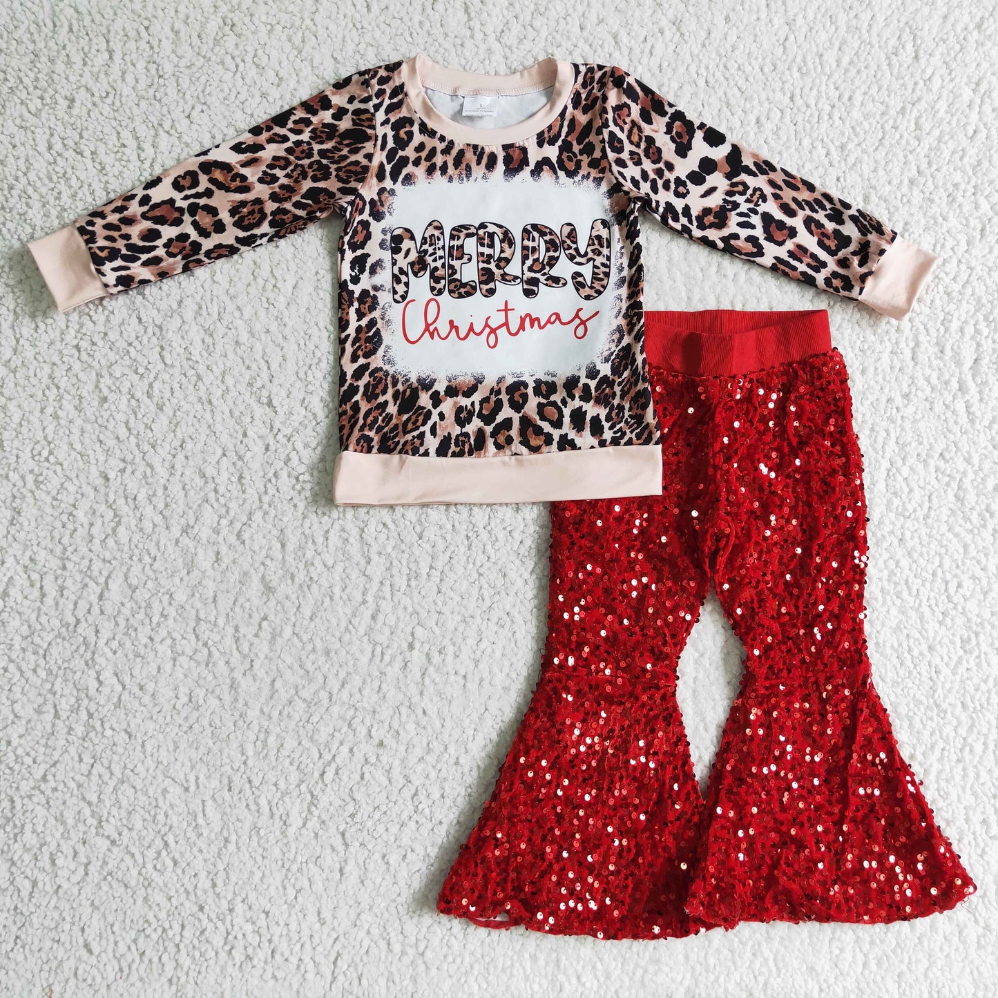 Merry Christmas Red Sequins Bell Pants Girls Set