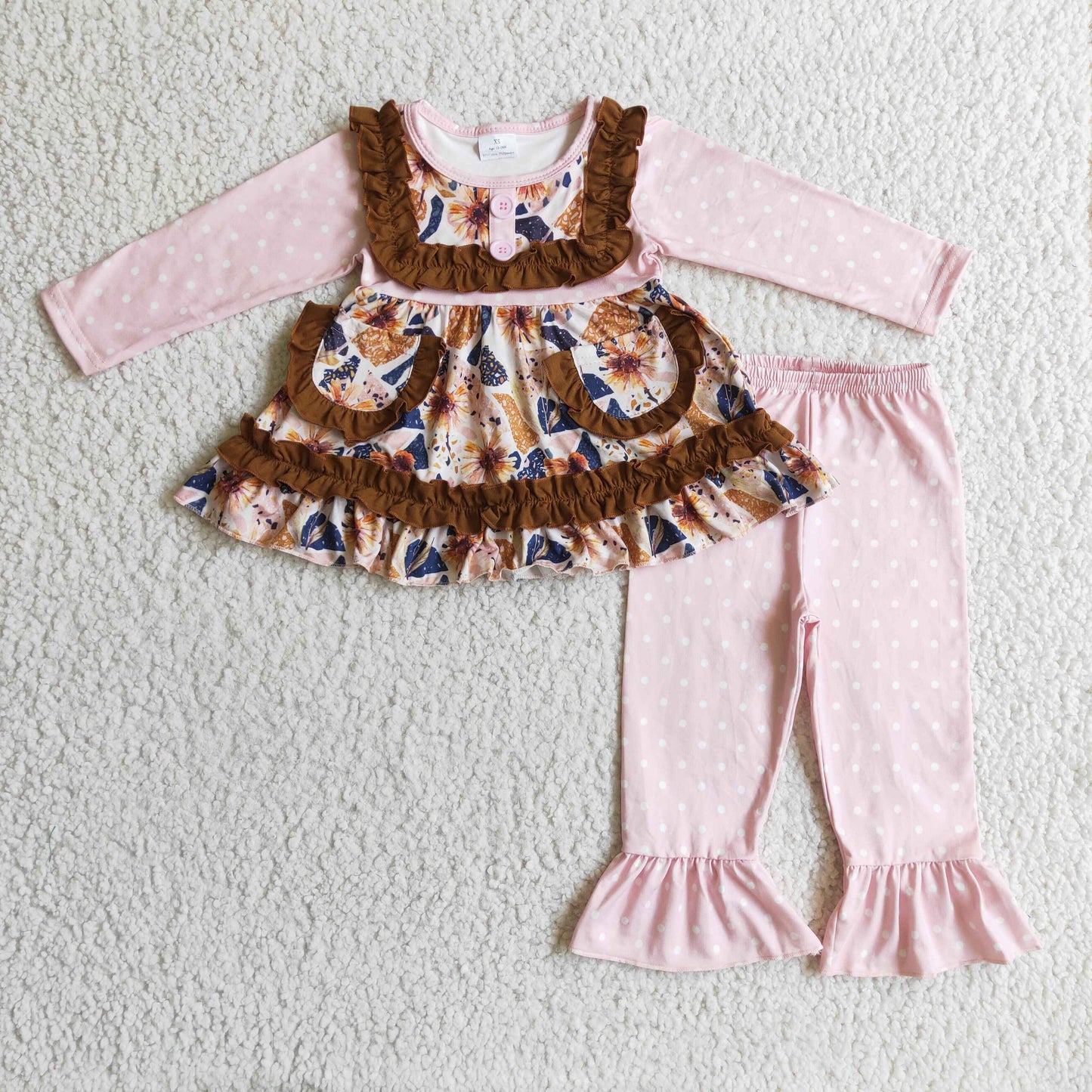 Fall Outfits Pink Pocket Flowers Ruffle Girls Set