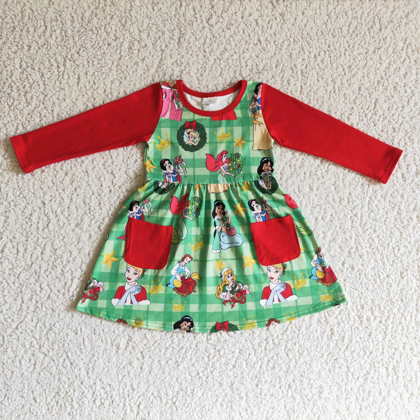 Christmas Red Green Cotton Pocket Girls Dress