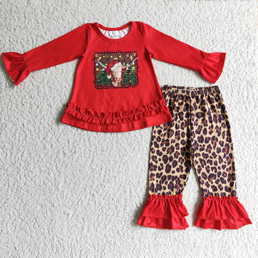 Christmas Red Leopard Cow Ruffle Girls Set
